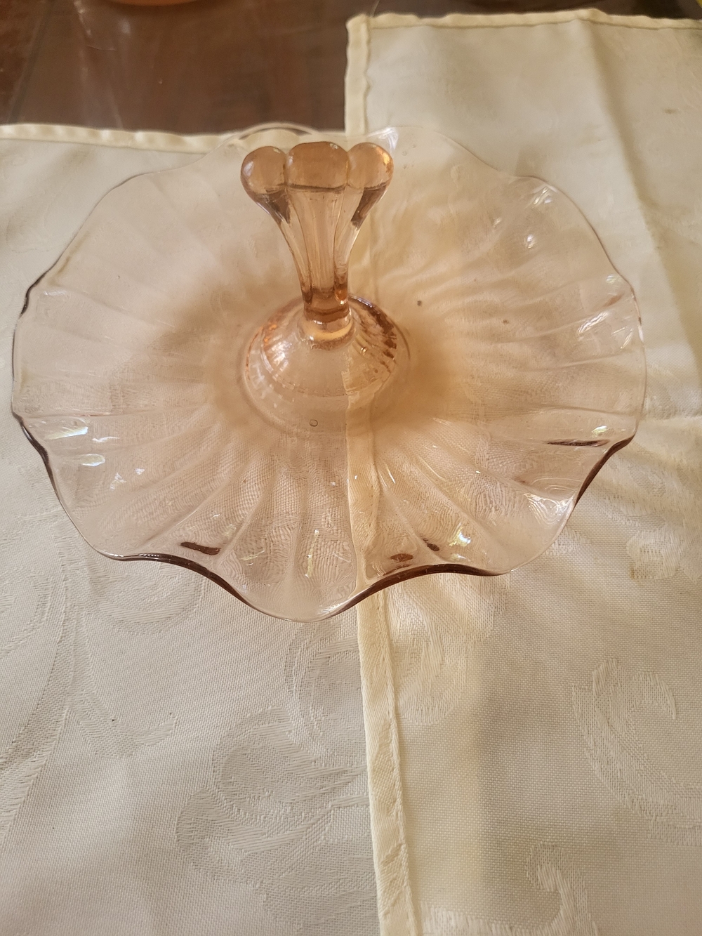 Vintage Pink Glass Center Handle Candy or Cookie Dish Scalloped Edges